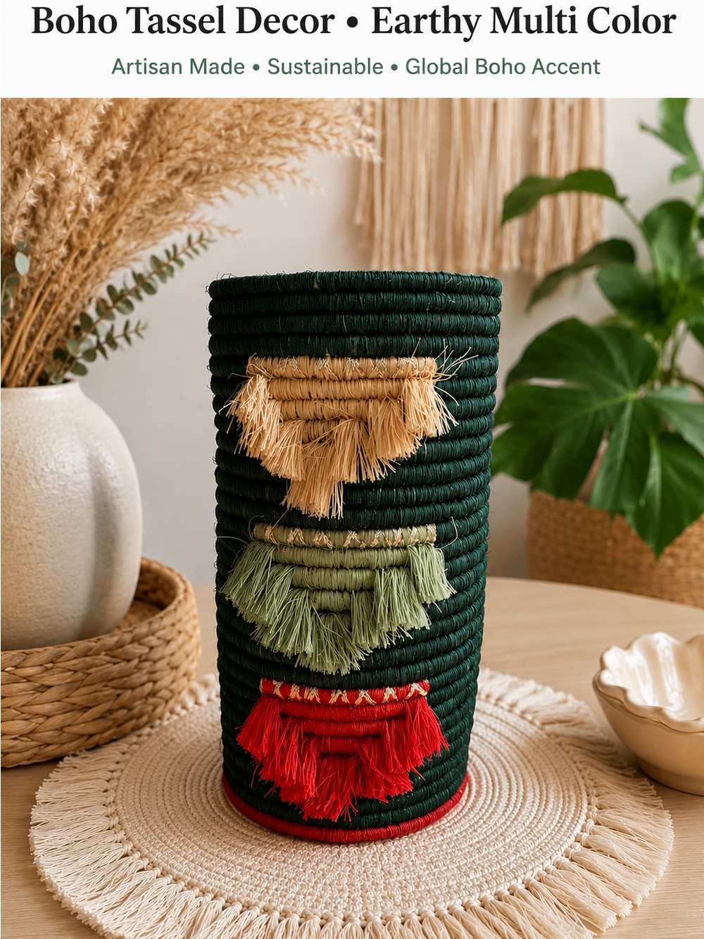 Handwoven Rwanda Boho Tassel Basket Vase 🌿 Earthy 🌎 Boho - Organic Modern Decor